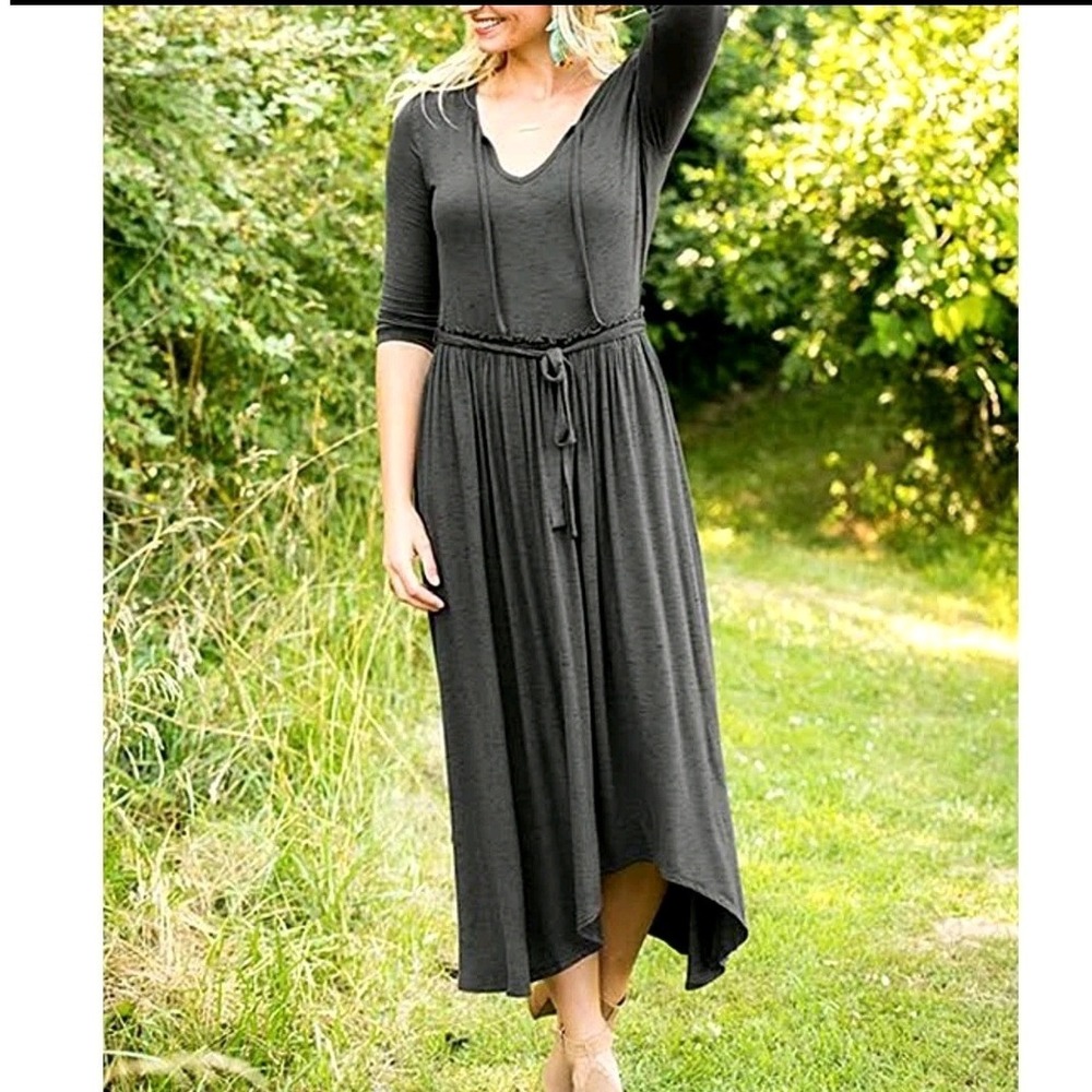 Matilda Jane Women Dress Charcoal Grey Space Dye Ruffle Waist Boho Maxi Size XL